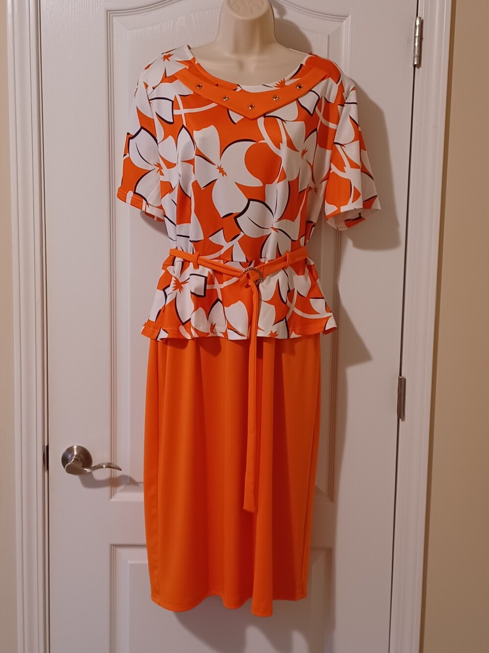 Orange and White Floral Midi Dress
